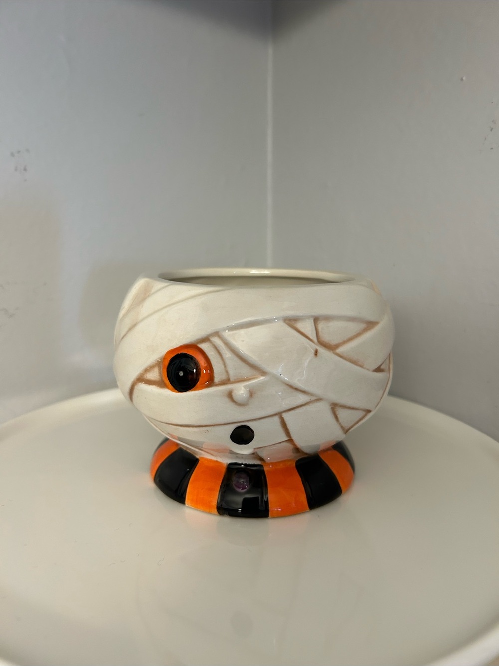 Joanna Parker Ceramic Mummy Bowel - White and Orange Halloween Decor